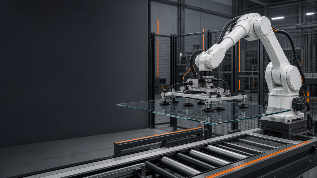 Industrial robot handling a glass sheet for an edging-line loading and unloading application review