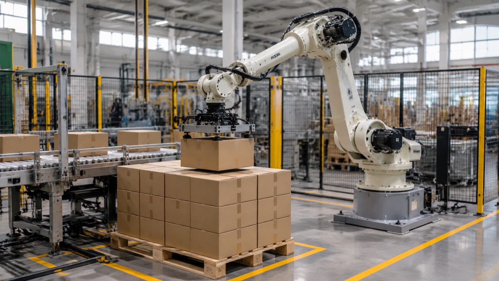 Dedicated 4-axis palletizing robot stacking cases onto a pallet at the end of a packaging line