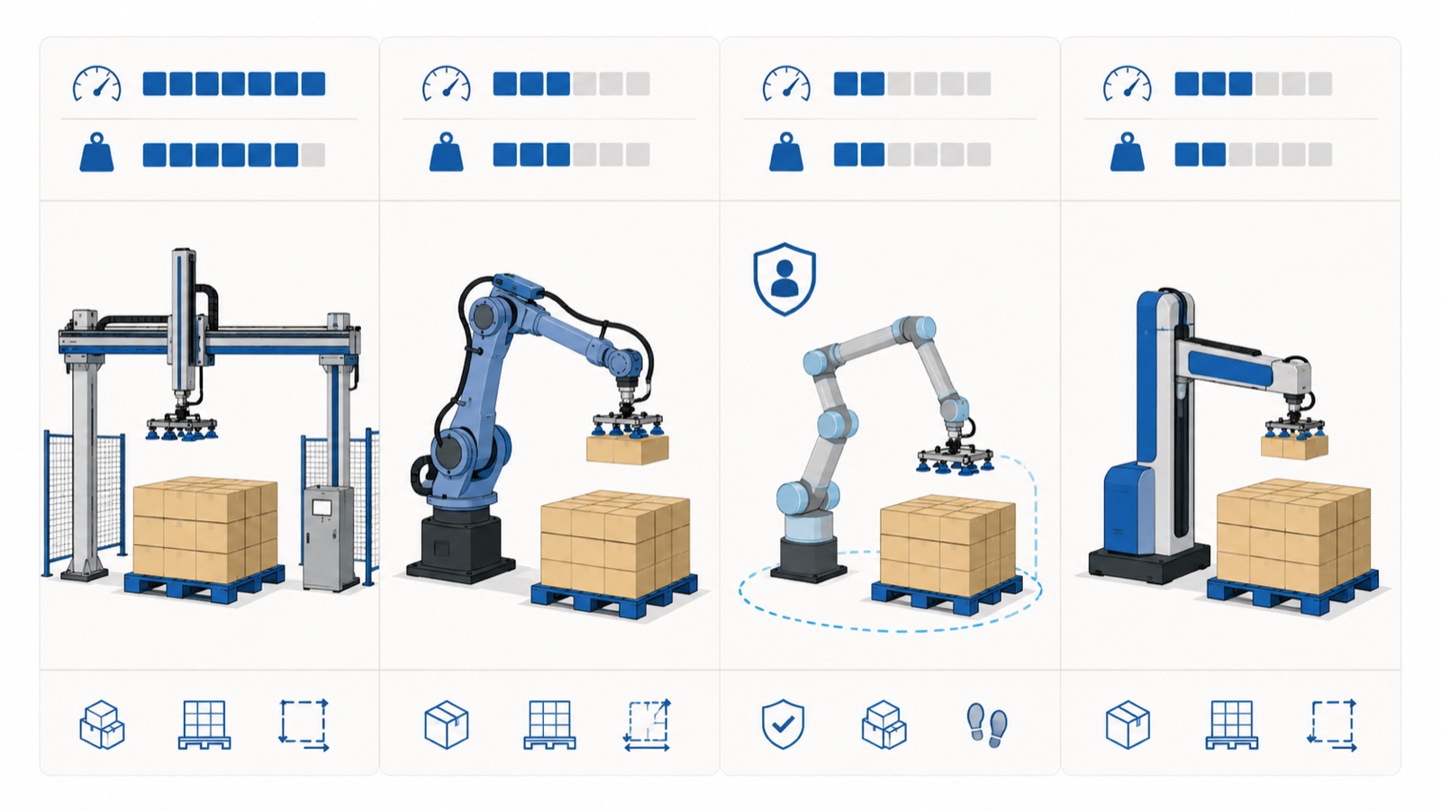 Comparison diagram of four palletizing robot types: layer palletizer, six-axis arm, collaborative cobot, and dedicated 4-axis robot