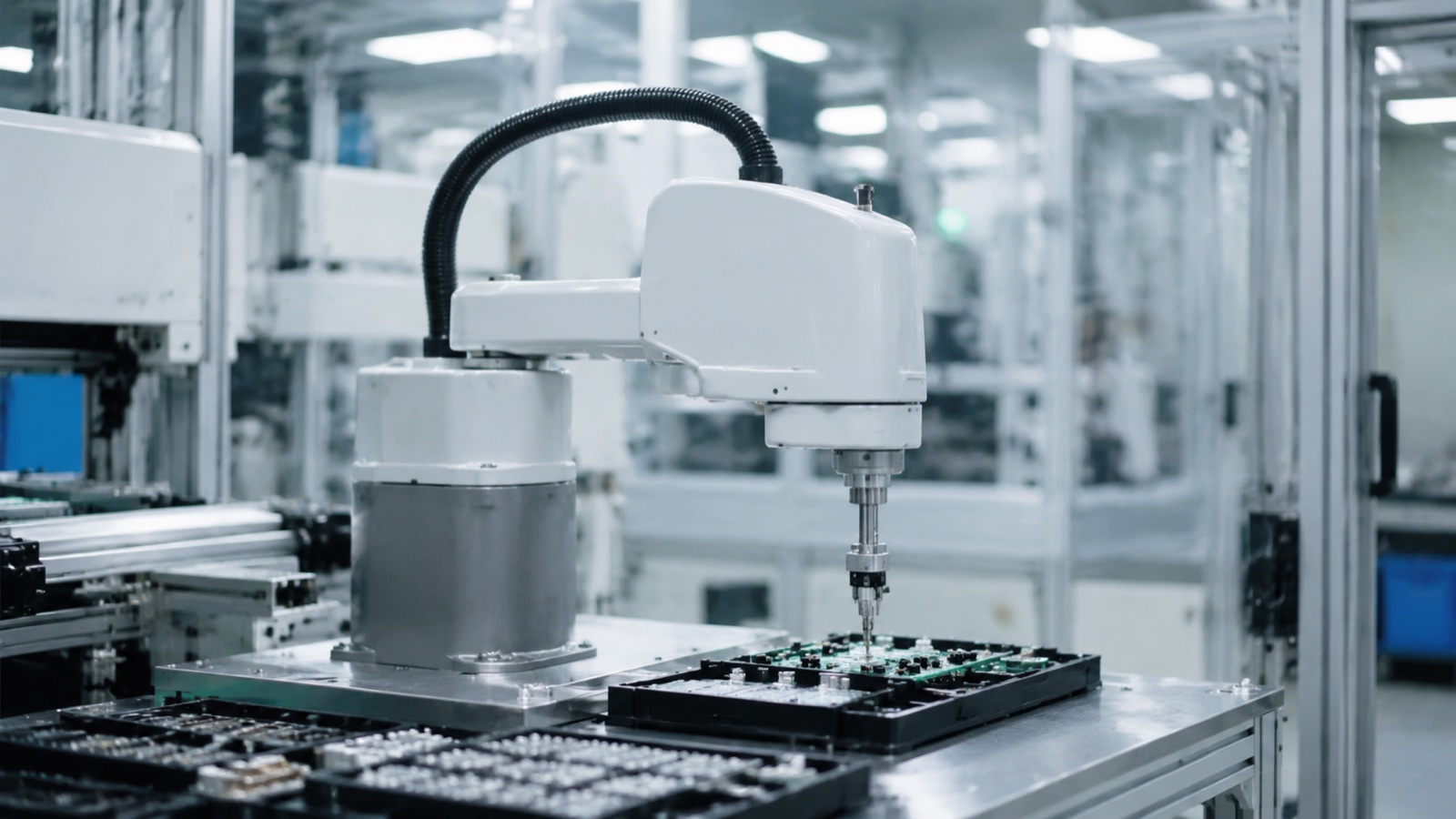 SCARA robot arm performing pick-and-place assembly, illustrating how to choose a SCARA robot by payload, reach, and cycle time