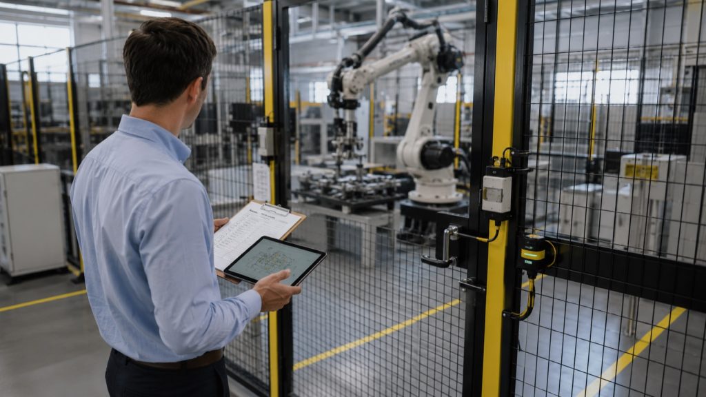 System integrator reviewing a risk-assessment checklist at the perimeter of a safeguarded robot cell