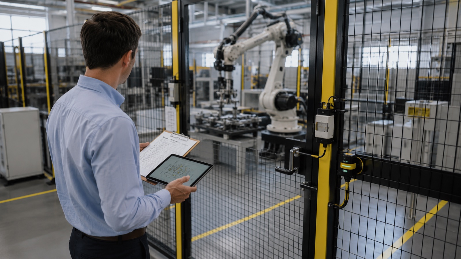 System integrator reviewing a risk-assessment checklist at the perimeter of a safeguarded robot cell