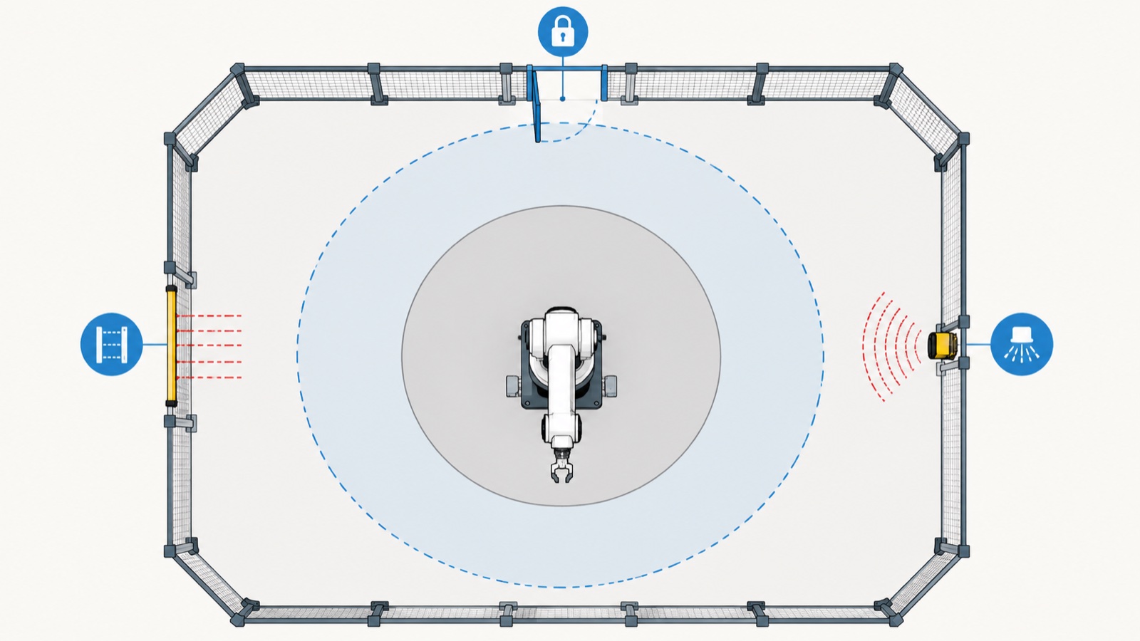 Diagram of a robot cell showing maximum space, restricted space, and safeguarded space with perimeter safeguarding devices