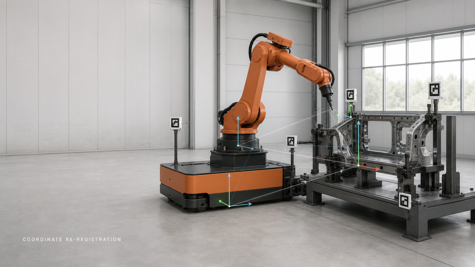 Mobile welding or cutting robot aligned to a fixture with station and tool coordinate markers