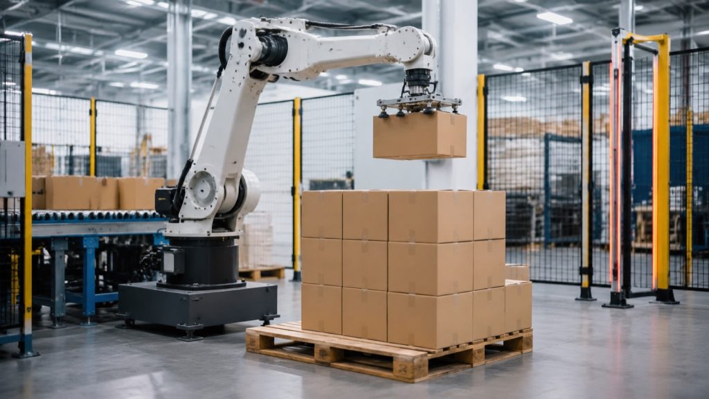 Palletizing robot arm stacking boxes on a pallet in an industrial warehouse, illustrating palletizing robot cost and ROI