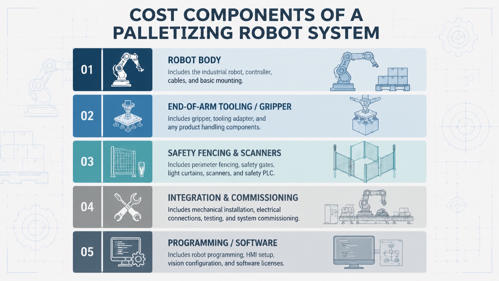 Diagram showing the five cost components of a palletizing robot system: robot body, EOAT gripper, safety guarding, integration, and programming