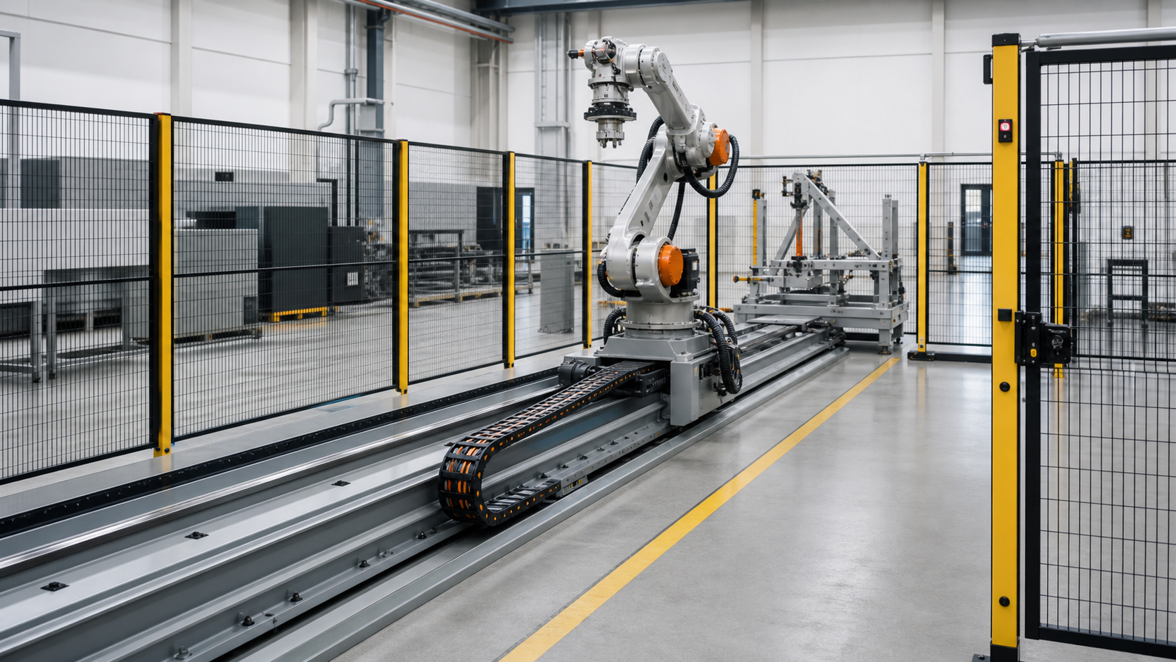 Industrial robot on a linear external axis inside a safeguarded fenced cell
