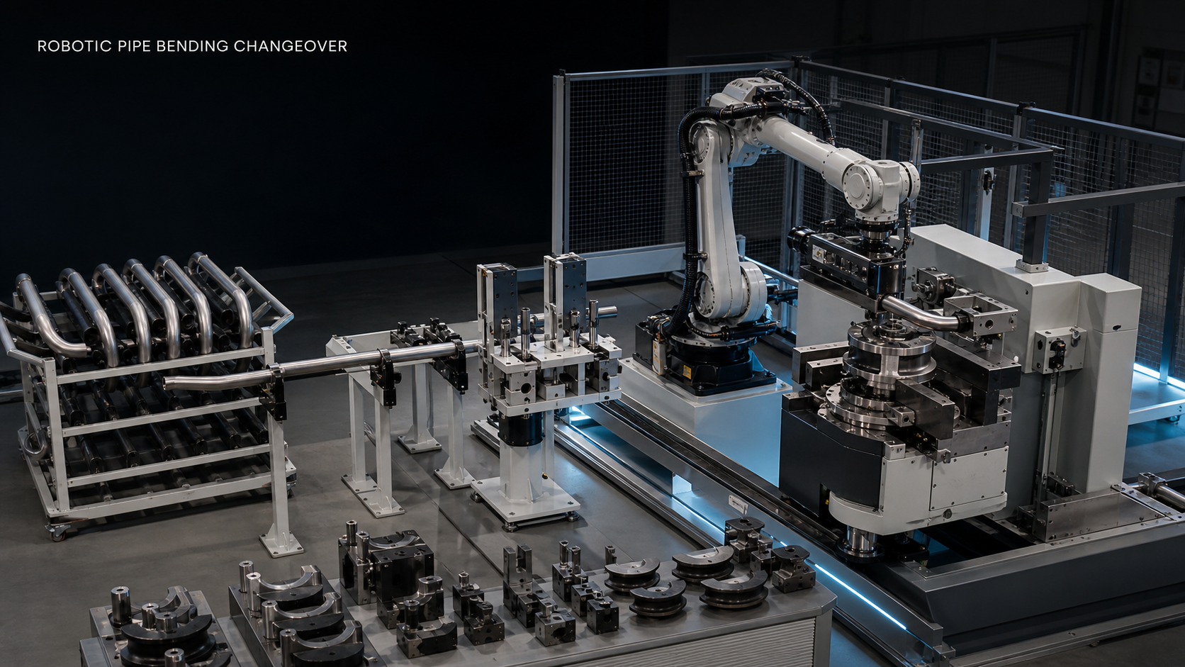Generic robotic pipe-bending cell illustrating datum control, changeover tooling, and tube alignment.