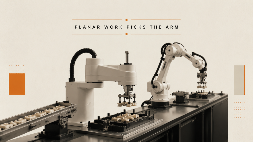 Editorial industrial automation illustration for SCARA Robot or Six-Axis: Let the Motion Choose