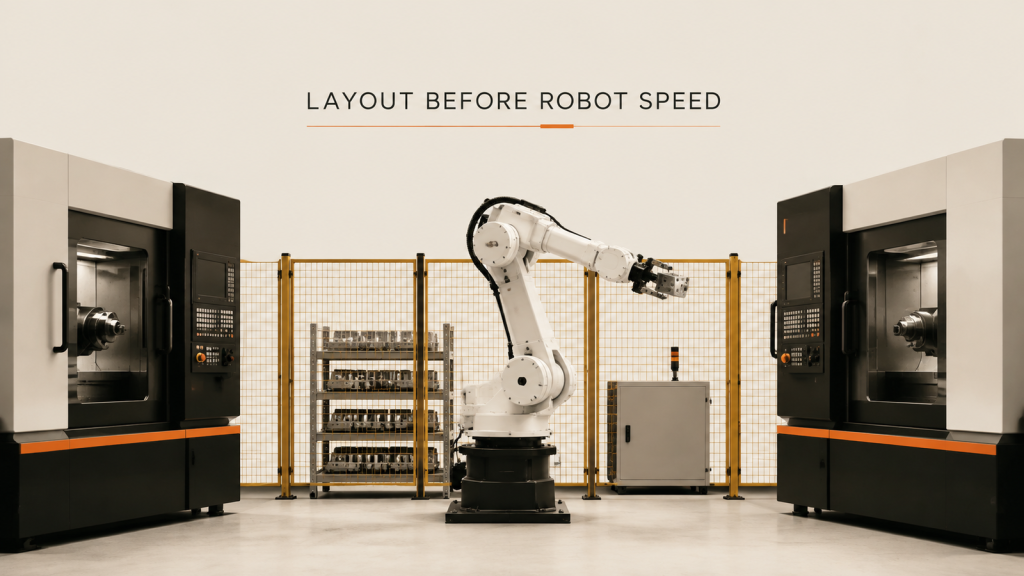 Editorial industrial automation illustration for Machine Tending: One Robot Serving Several Machines