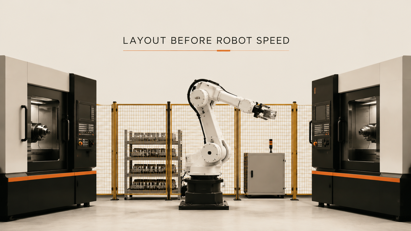 Editorial industrial automation illustration for Machine Tending: One Robot Serving Several Machines