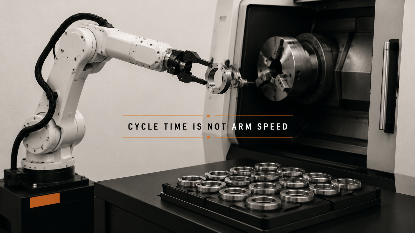 Editorial industrial automation illustration for Machine Tending Cycle Time Is Not Robot Speed