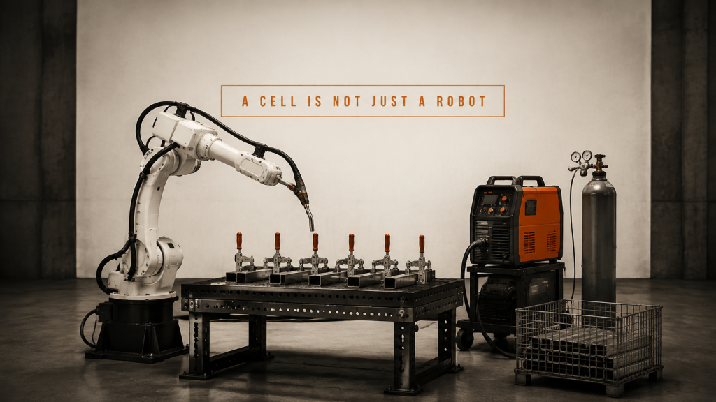 Editorial industrial automation illustration for A Robotic Welding Cell Is Six Parts, Not One