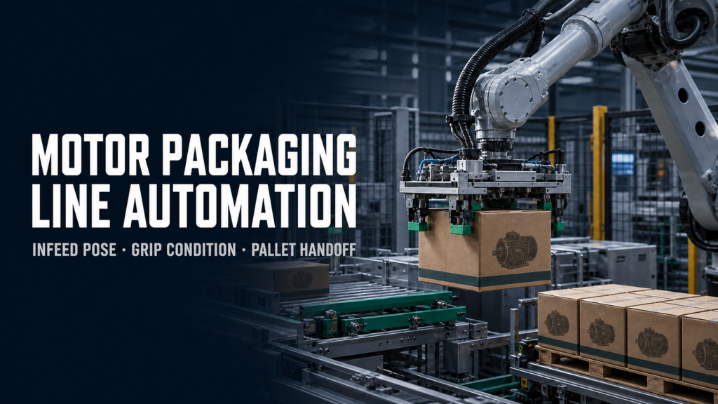 Editorial industrial automation illustration for Motor Packaging Line Automation: Close Every Station Handoff