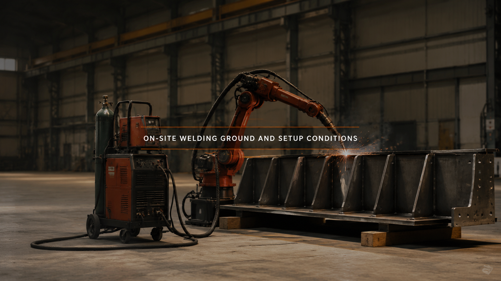 Editorial industrial automation illustration for On-Site Robotic Welding: Floor, Blocking, Cable