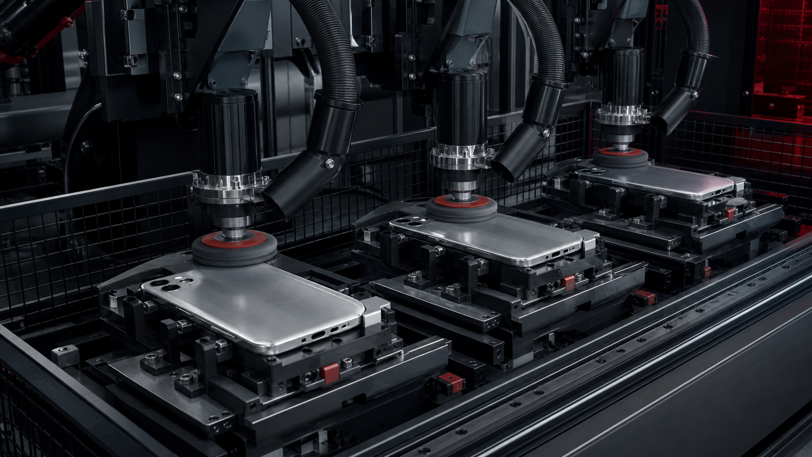 Editorial industrial automation illustration for Phone Case Polishing: Fixture and Finish Control