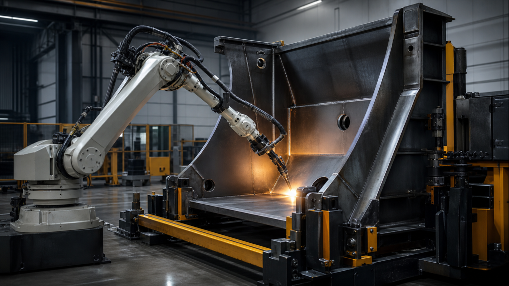 Editorial industrial automation illustration for Large Workpiece Robotic Welding Reach Test