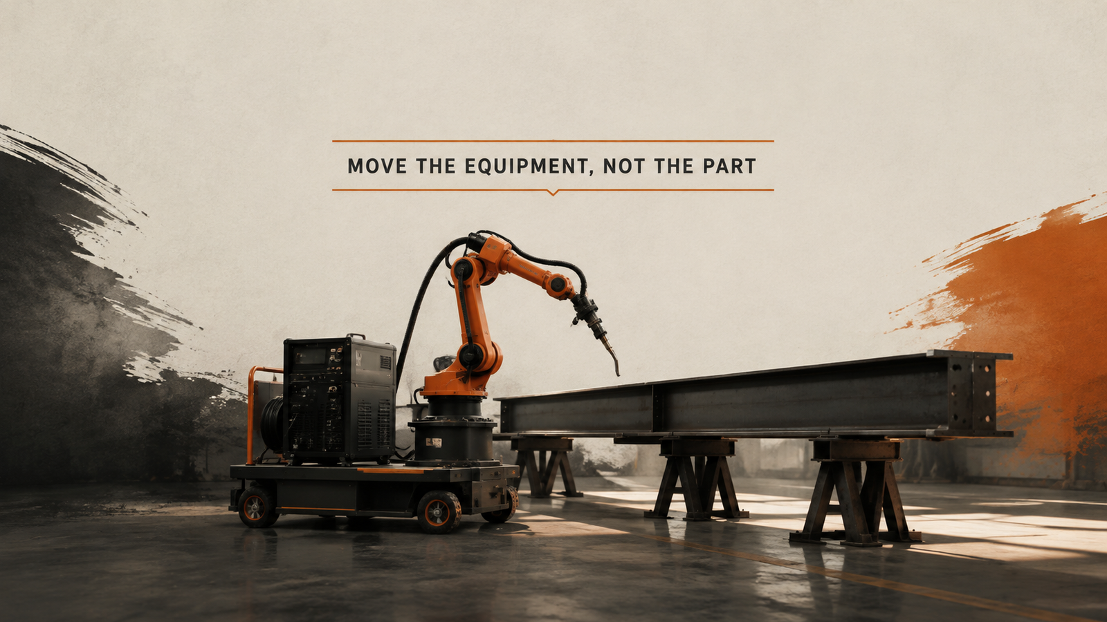 Editorial industrial automation illustration for Mobile Welding Robot Planning: Can the Part Stay?