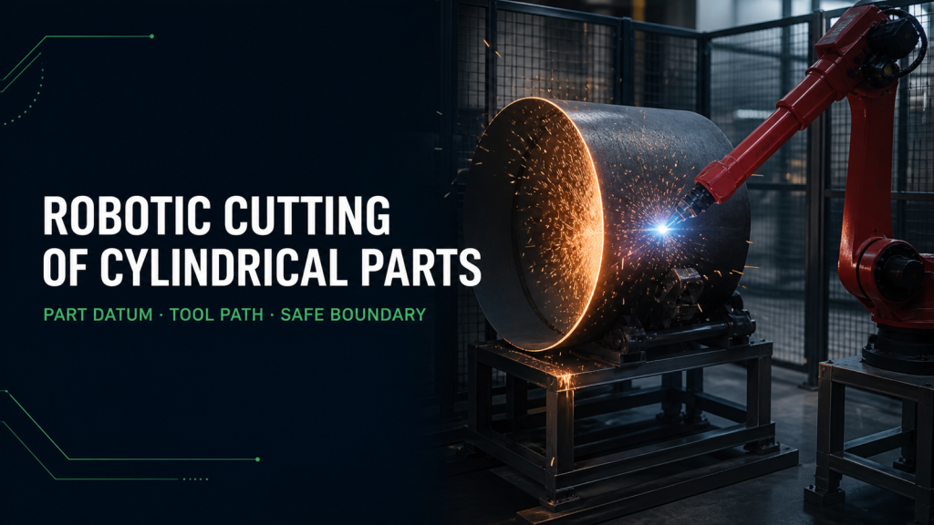 Editorial industrial automation illustration for Robotic Welding and Cutting: Cylinder Path Boundaries