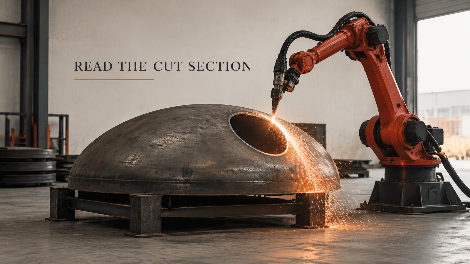 Editorial industrial automation illustration for Robotic Head Cutting: Path, Attitude and Edge