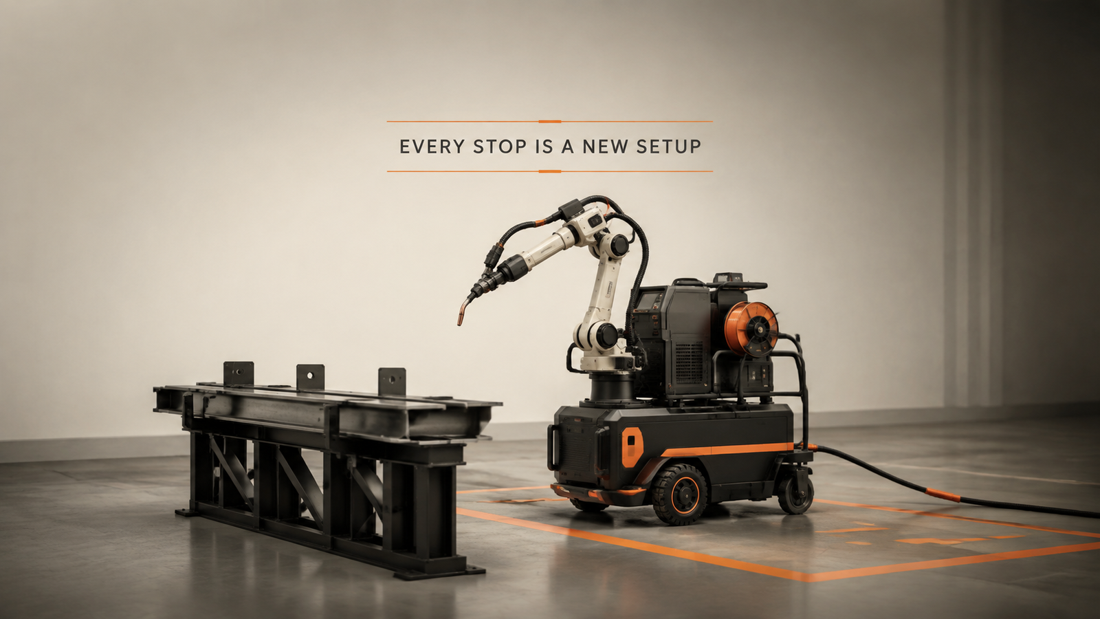 Editorial industrial automation illustration for Mobile Welding Platform: Every Stop Is a New Setup