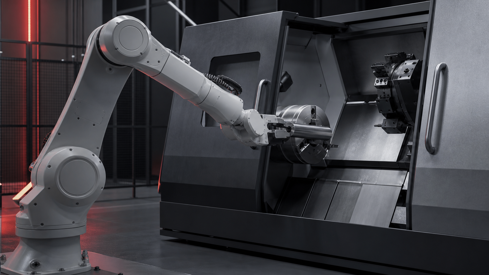 Editorial industrial automation illustration for Robot Lathe Tending: Chuck Handoff and Interlocks