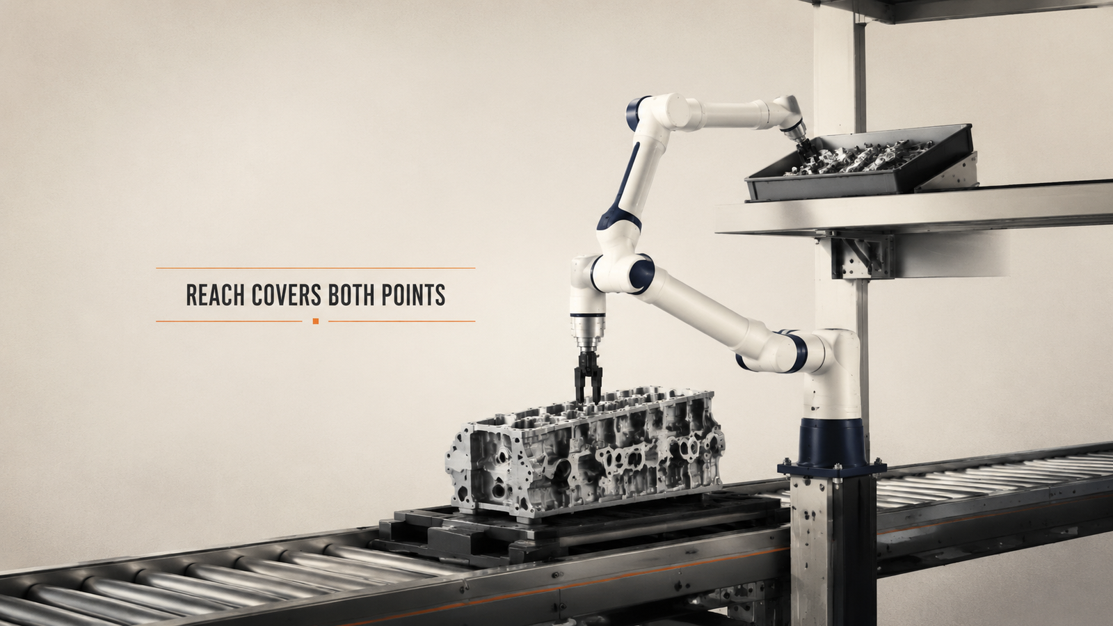 Editorial industrial automation illustration for Cobot Reach: Both the Pick and the Assembly Point