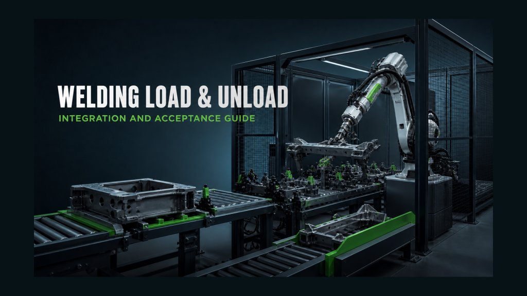 Editorial industrial automation illustration for Automatic Welding Load and Unload Handoff