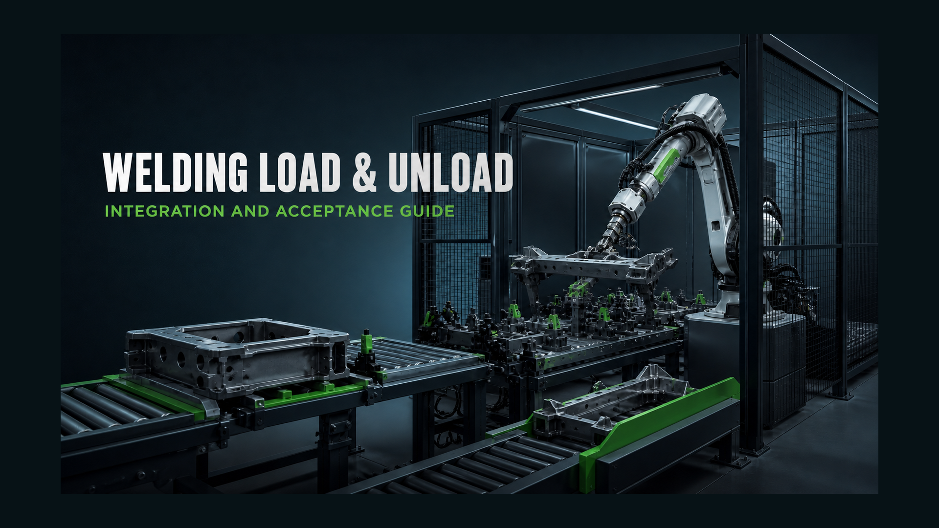 Editorial industrial automation illustration for Automatic Welding Load and Unload Handoff