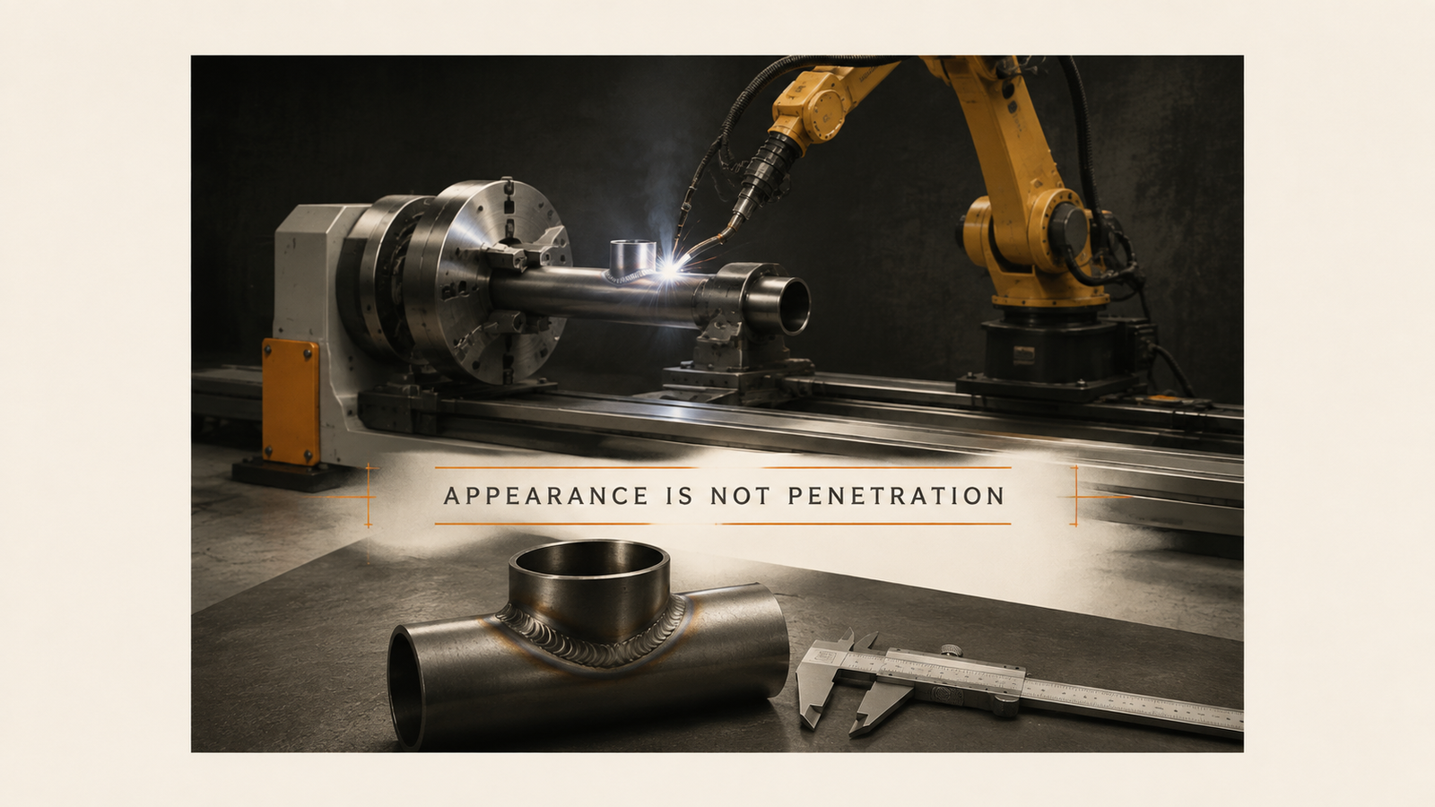 Editorial industrial automation illustration for Weld Acceptance: Appearance Is Visible, Penetration Is Not
