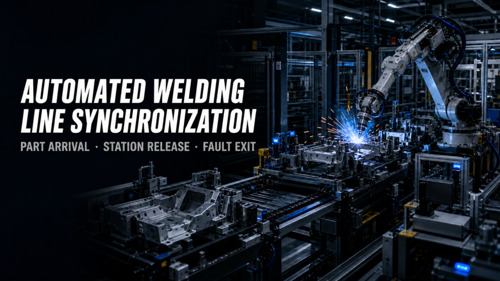 Editorial industrial automation illustration for Automated Welding Line Synchronization: Station Handoffs