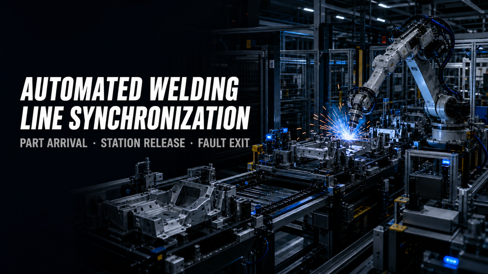 Editorial industrial automation illustration for Automated Welding Line Synchronization: Station Handoffs