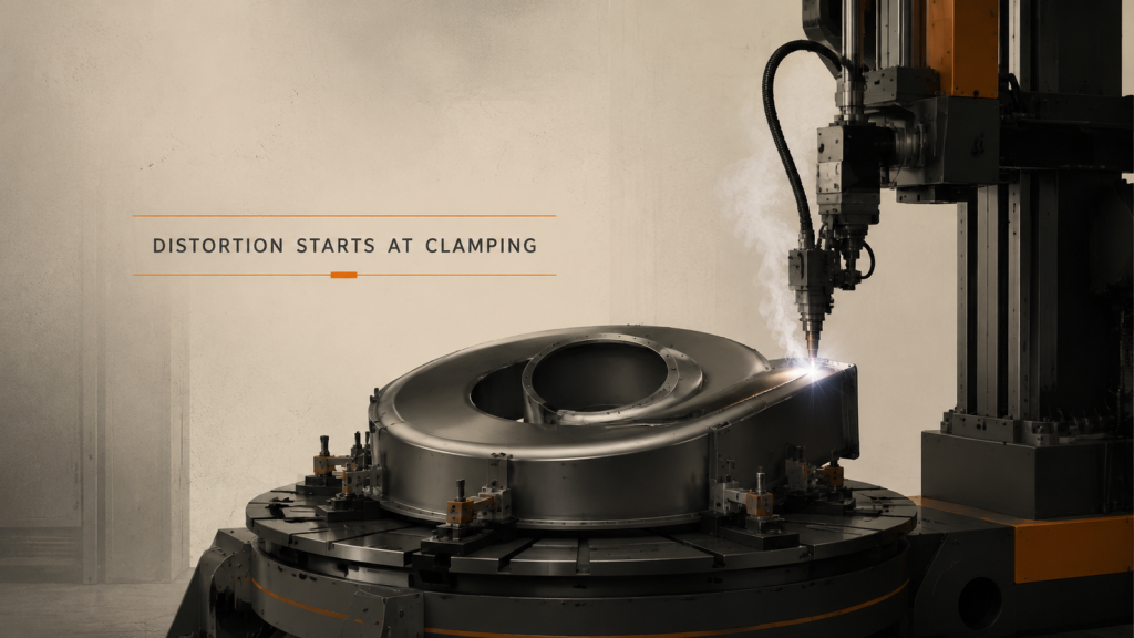 Editorial industrial automation illustration for Thin-Sheet Welding: Distortion Starts at Clamping