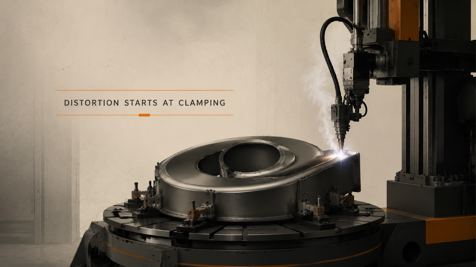 Editorial industrial automation illustration for Thin-Sheet Welding: Distortion Starts at Clamping