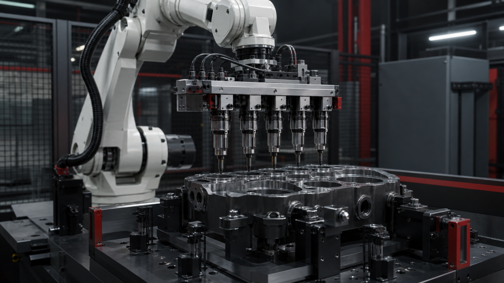 Editorial industrial automation illustration for Multi-Spindle Tightening: Torque Traceability