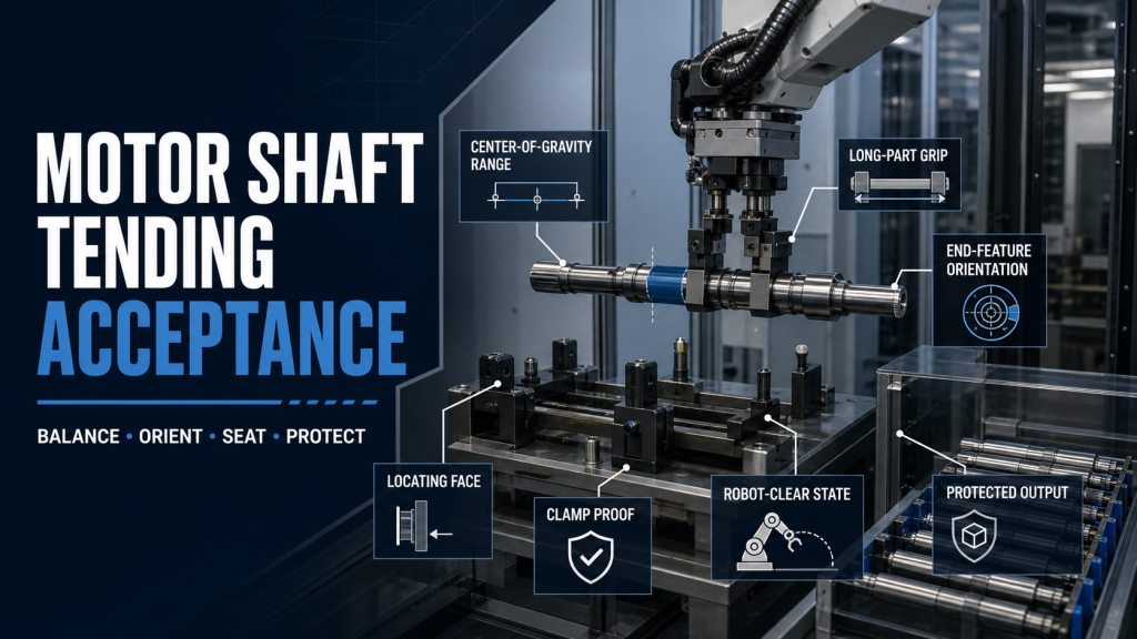 Editorial industrial automation illustration for Motor Shaft Machine Tending: Grip and Handoff