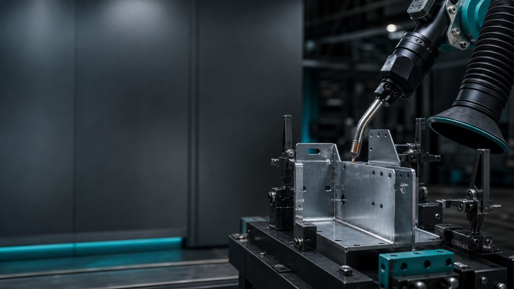 Editorial industrial automation illustration for Rack Bracket Robotic Welding Fixture and Reach Validation