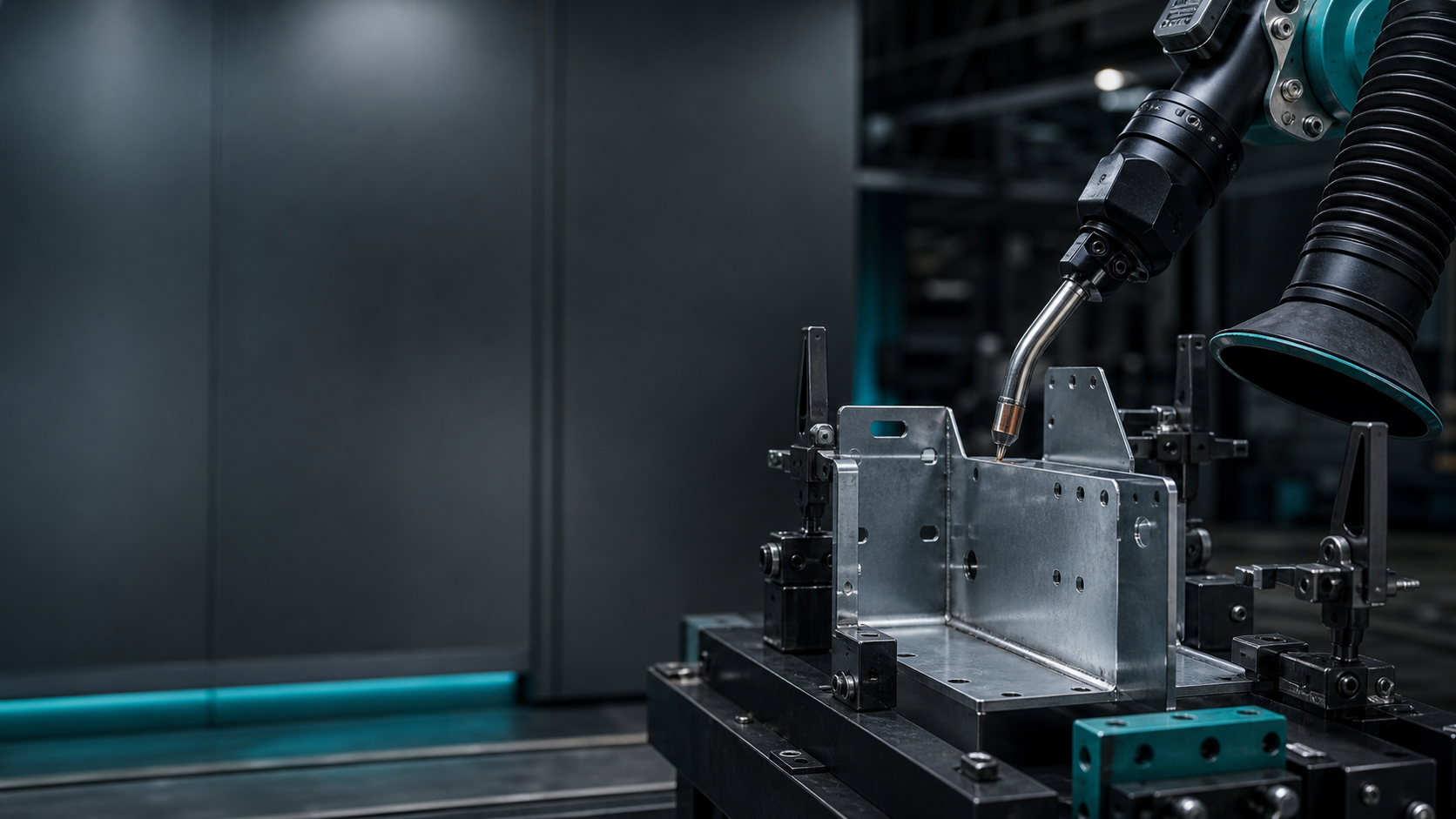 Editorial industrial automation illustration for Rack Bracket Robotic Welding Fixture and Reach Validation