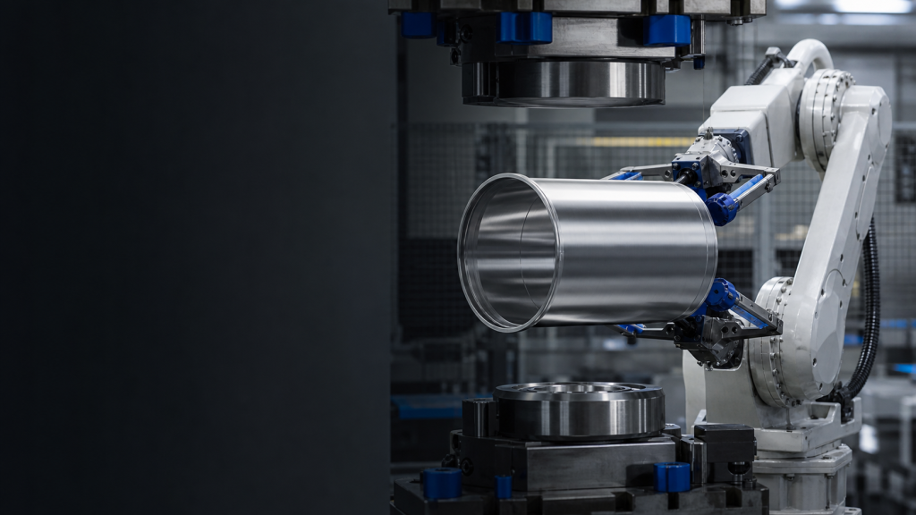 Editorial industrial automation illustration for Thermos Shell Stamping Automation for Thin-Wall Parts