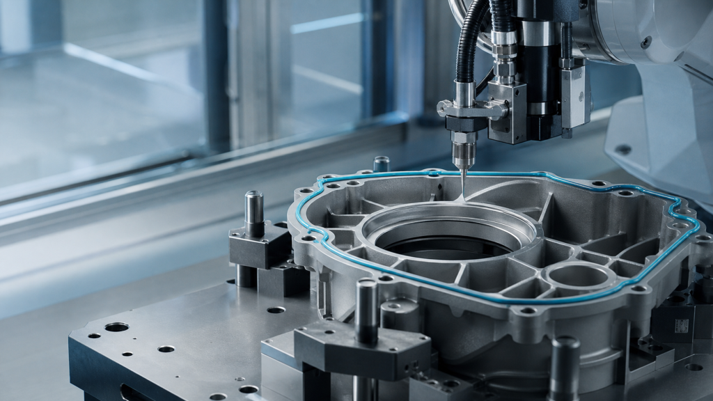 Editorial industrial automation illustration for Gearbox Housing Sealant Dispensing: Datum & Continuity