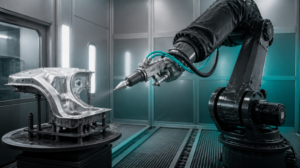 Editorial industrial automation illustration for Robotic Spray Path Dry-Run Acceptance