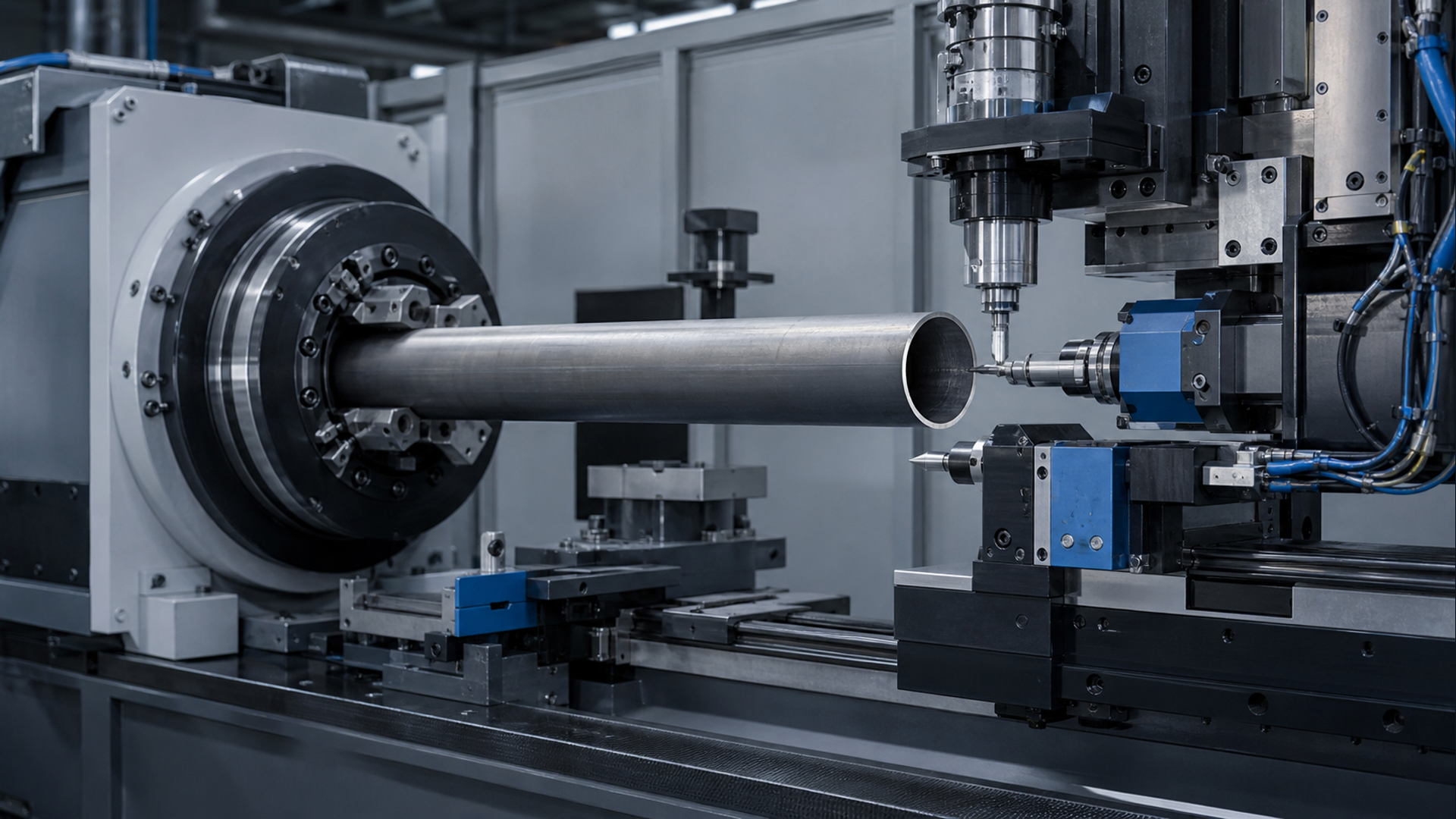 Editorial industrial automation illustration for Tube End Tooling Sequence Test for Rotation and Approach