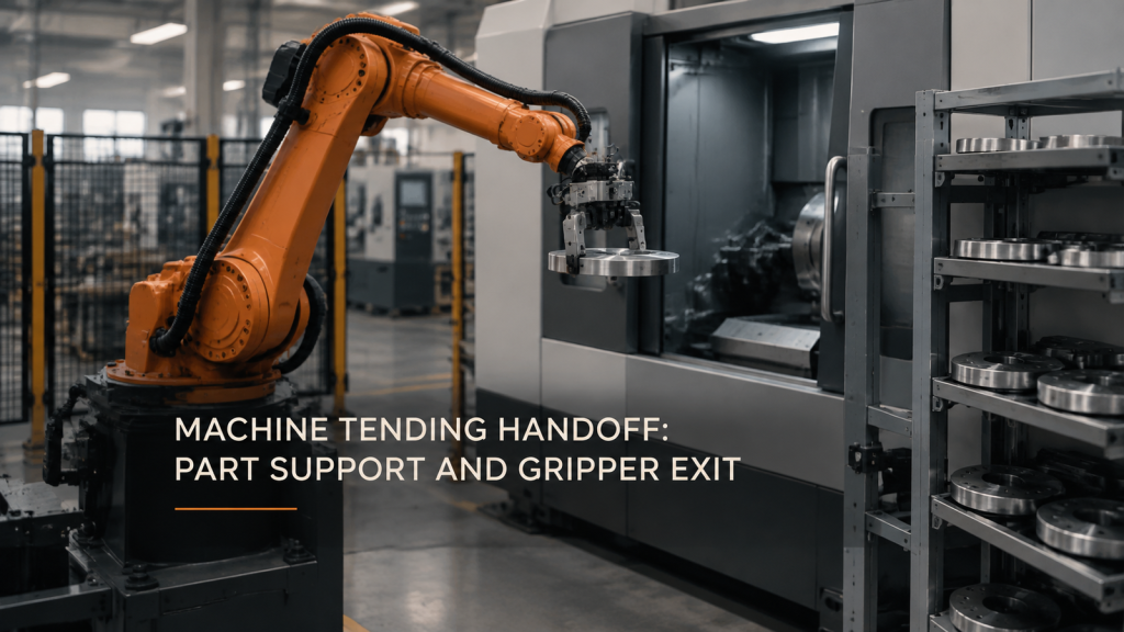 Editorial industrial automation illustration for Machine Tending Handoff: Part Support and Gripper Exit
