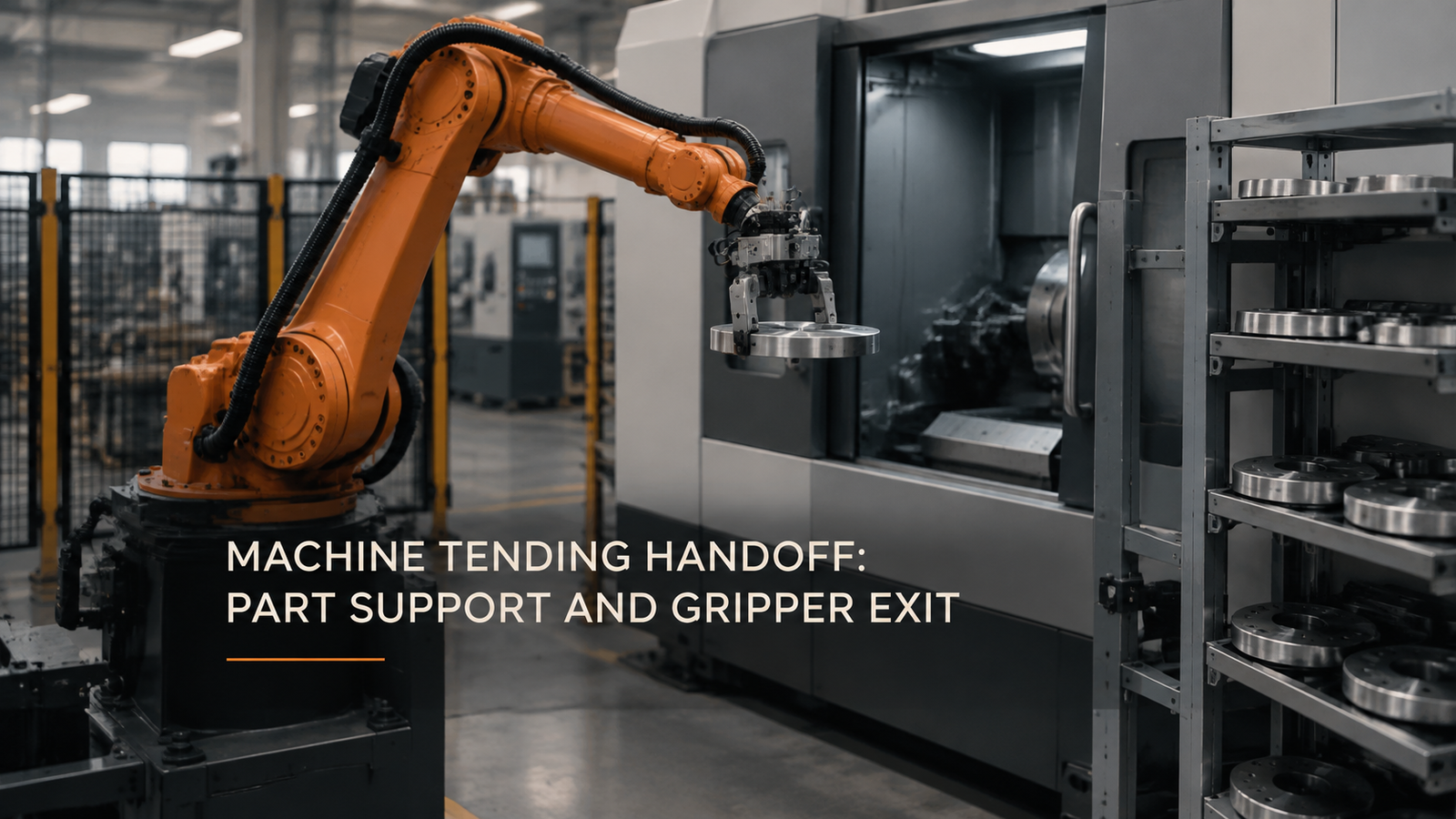 Editorial industrial automation illustration for Machine Tending Handoff: Part Support and Gripper Exit