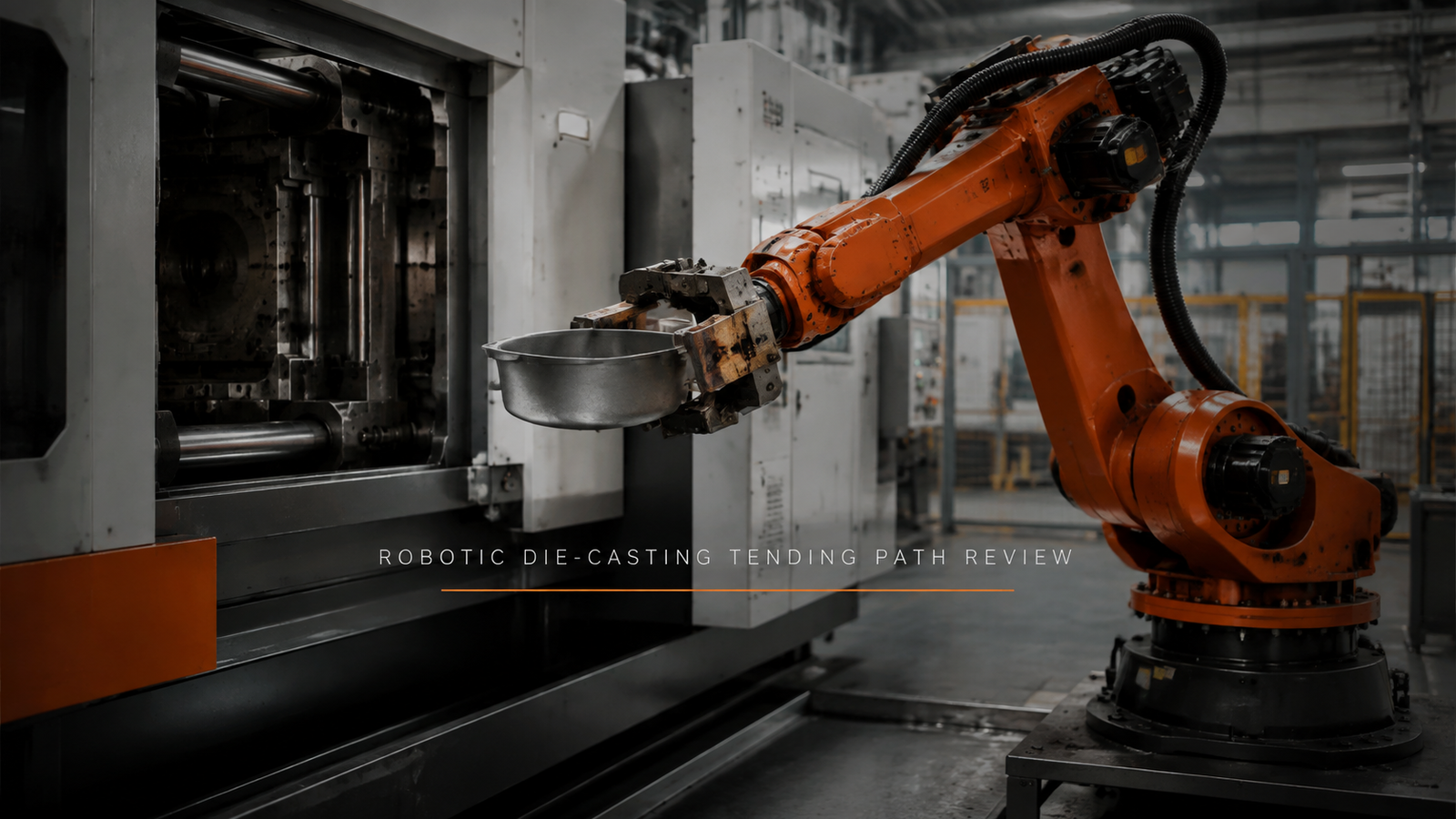 Editorial industrial automation illustration for Robotic Die-Casting Tending: Prove the Path First