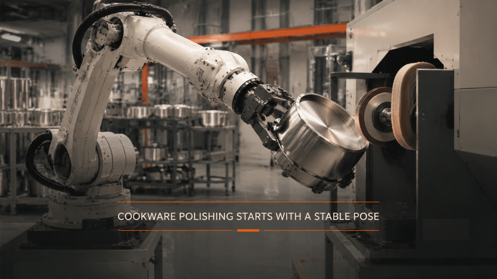 Editorial industrial automation illustration for Cookware Polishing: Stabilise the Part Pose