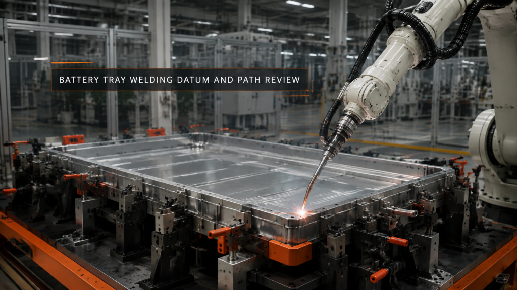 Editorial industrial automation illustration for Battery Tray Robotic Welding: Datum Before Path