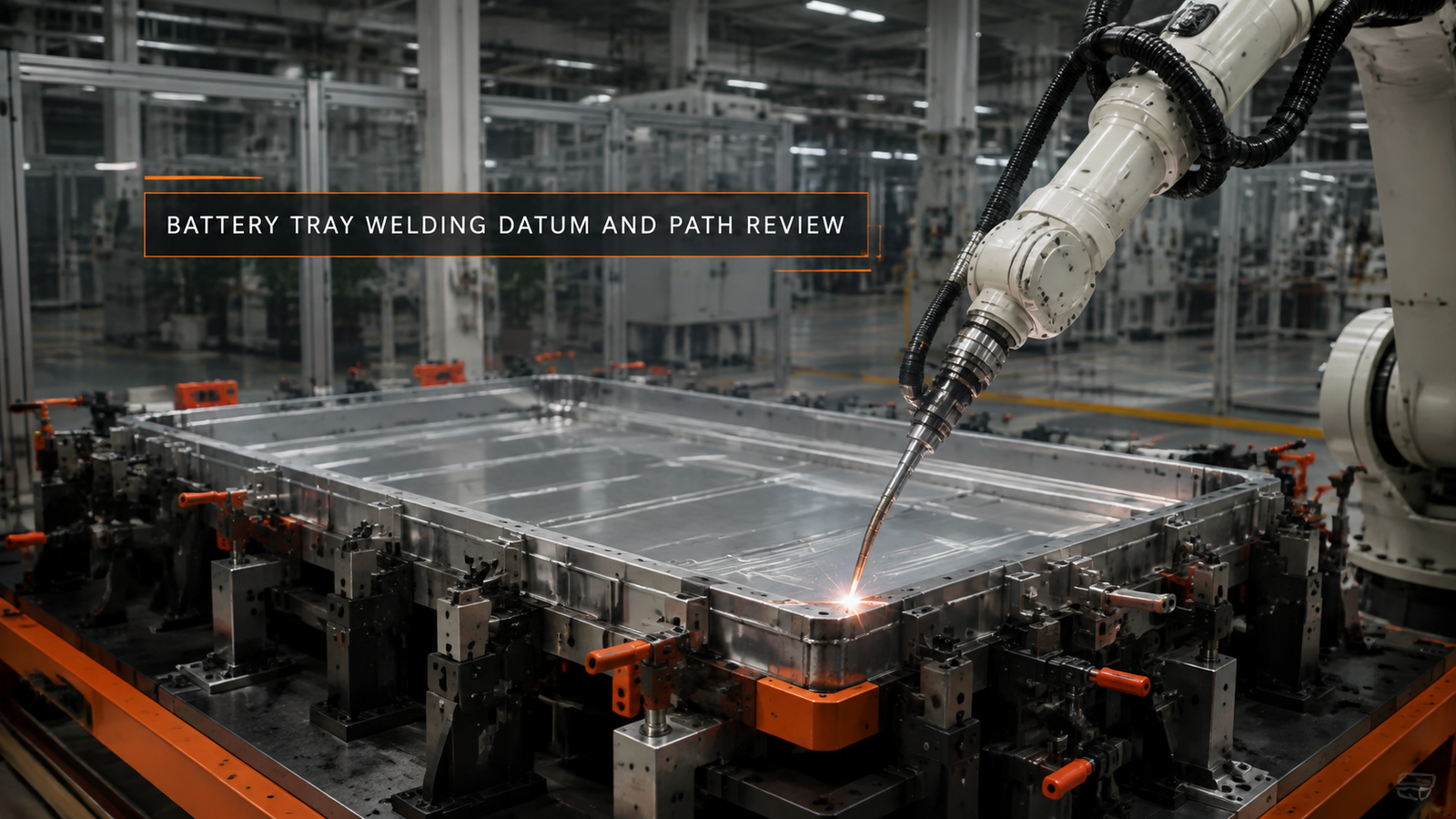 Editorial industrial automation illustration for Battery Tray Robotic Welding: Datum Before Path
