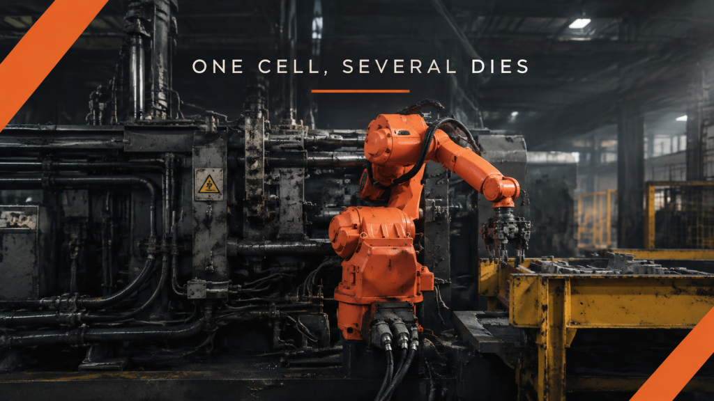 Editorial industrial automation illustration for One Cell, Several Dies: Plan Die-Casting Changeover