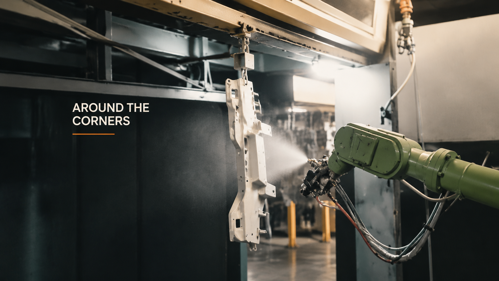 Editorial industrial automation illustration for Around the Corners: Specify Robotic Coating Requirements